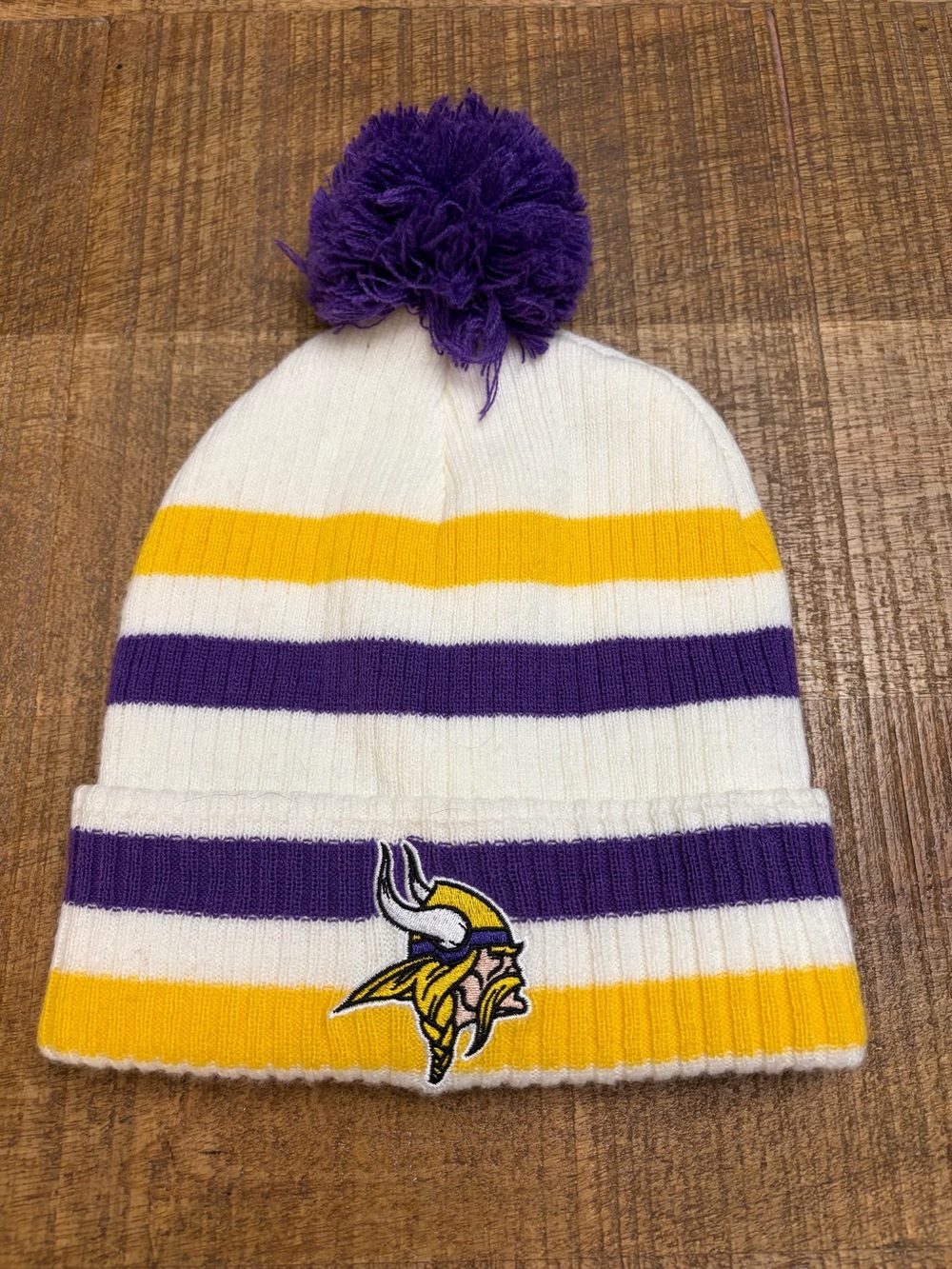 NFL Women’s Pom Pom Beanie Hat in White, Purple & Gold